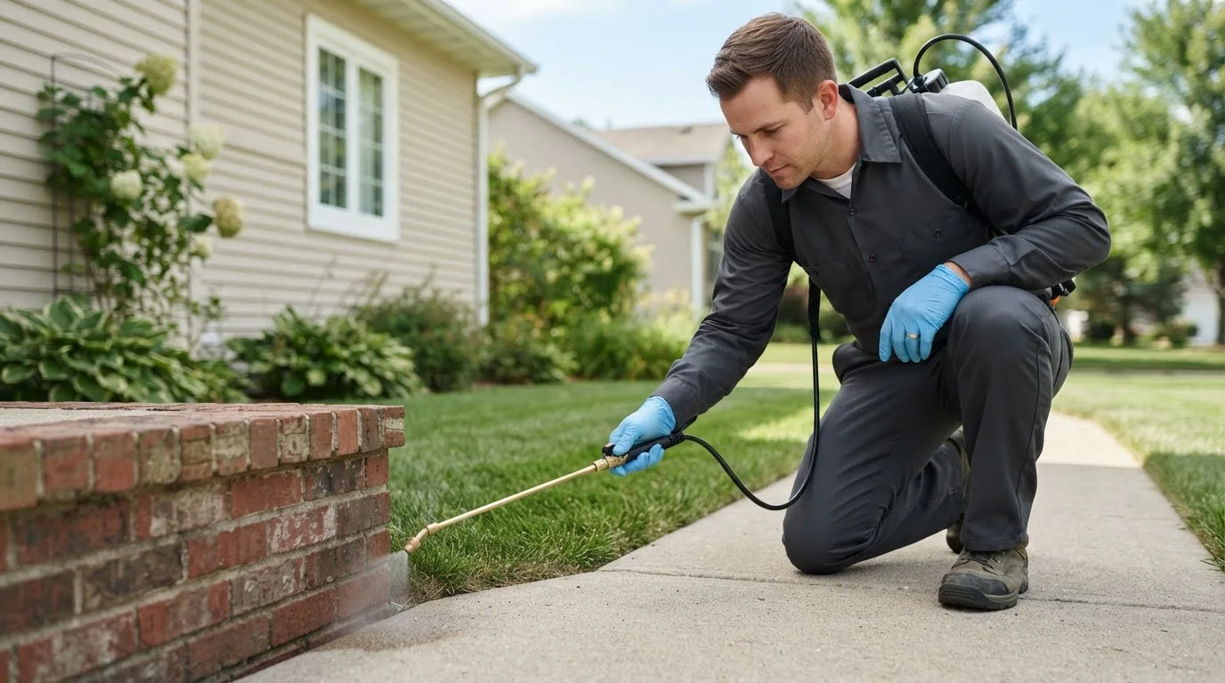 Pest control technician treating a home near Loudon, NH