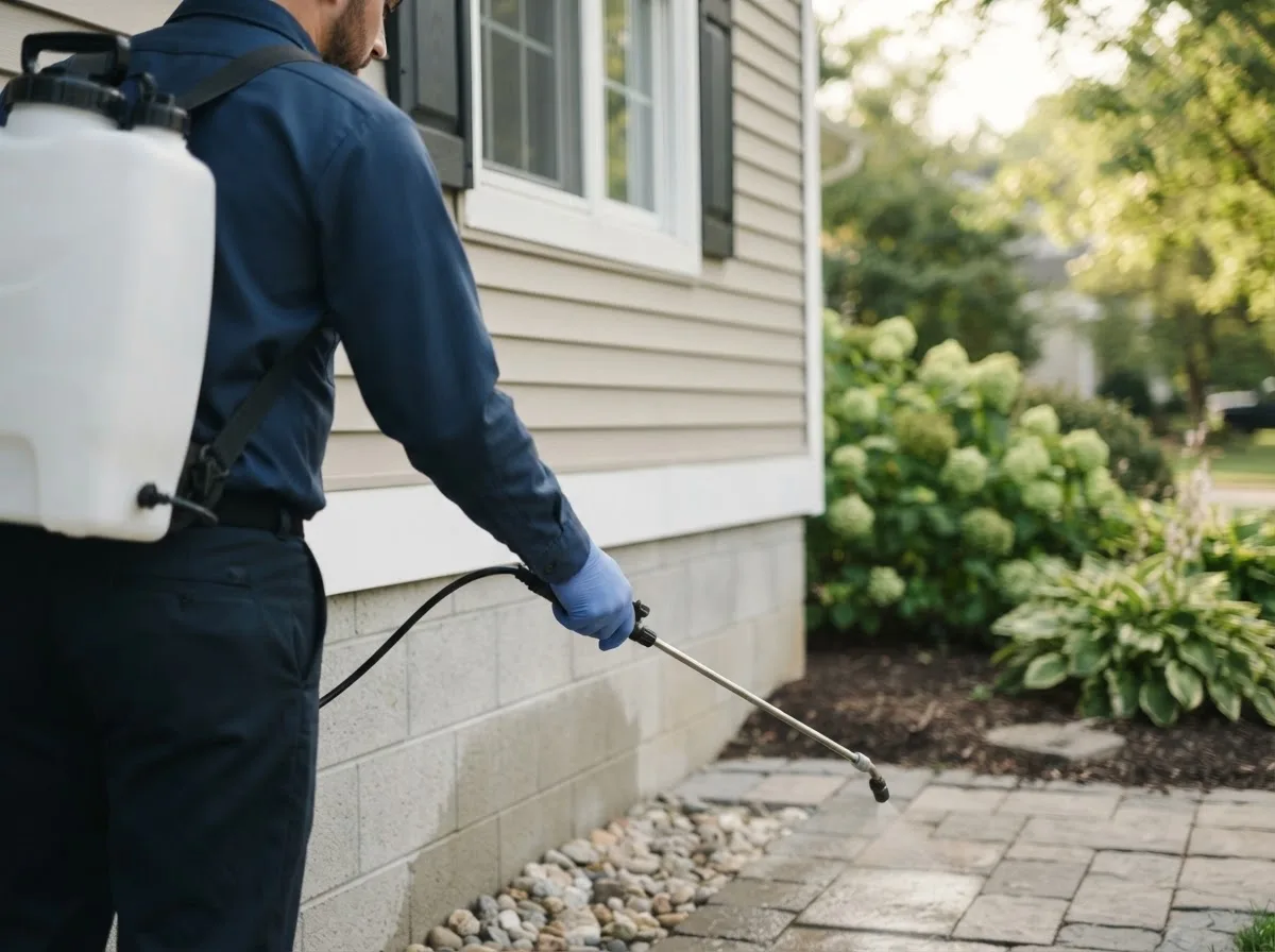 Pest control technician inspecting a home in Loudon, NH